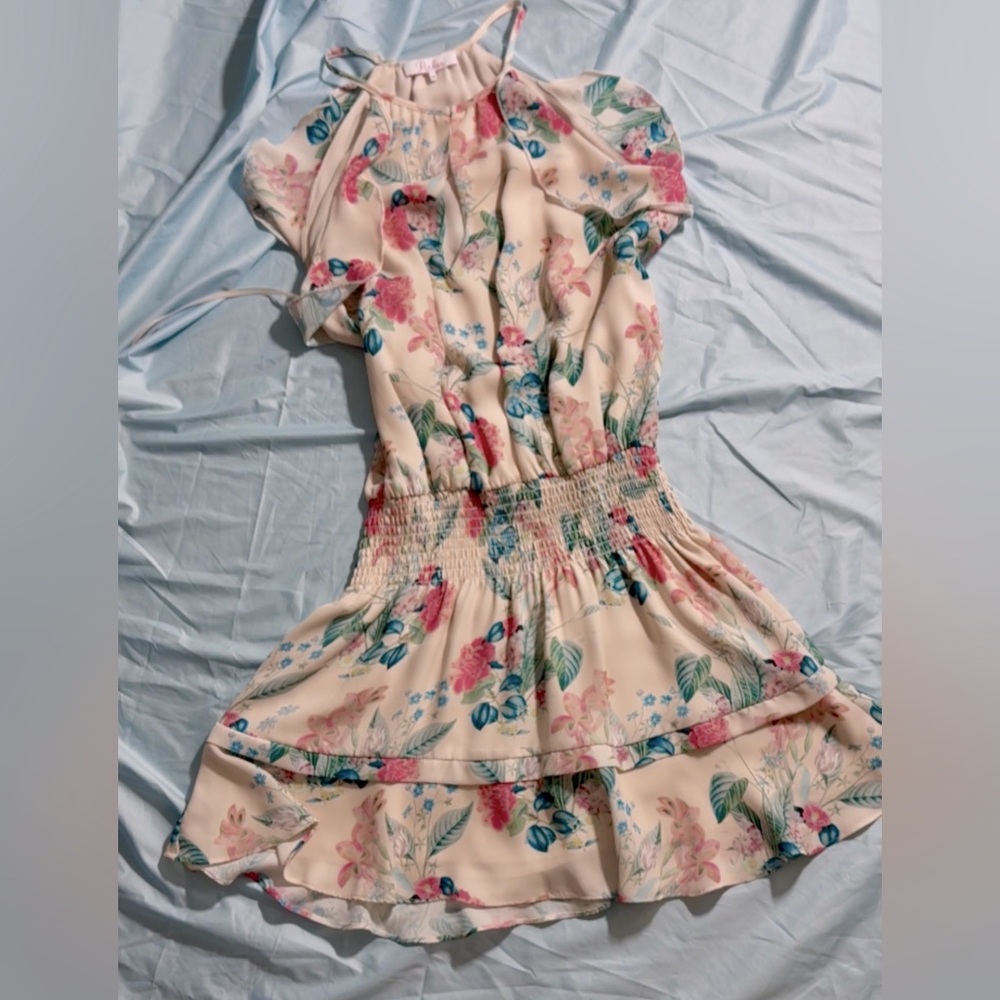 Parker XS Floral Print Smocked Waist Ruffle Hem Dress